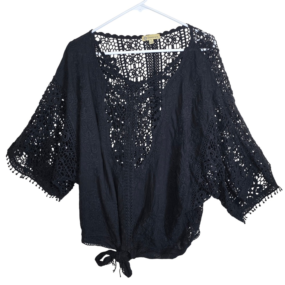 Democracy Crochet Lace Boho Knit Top Black Tie Hem Open Stitch Cardigan Large